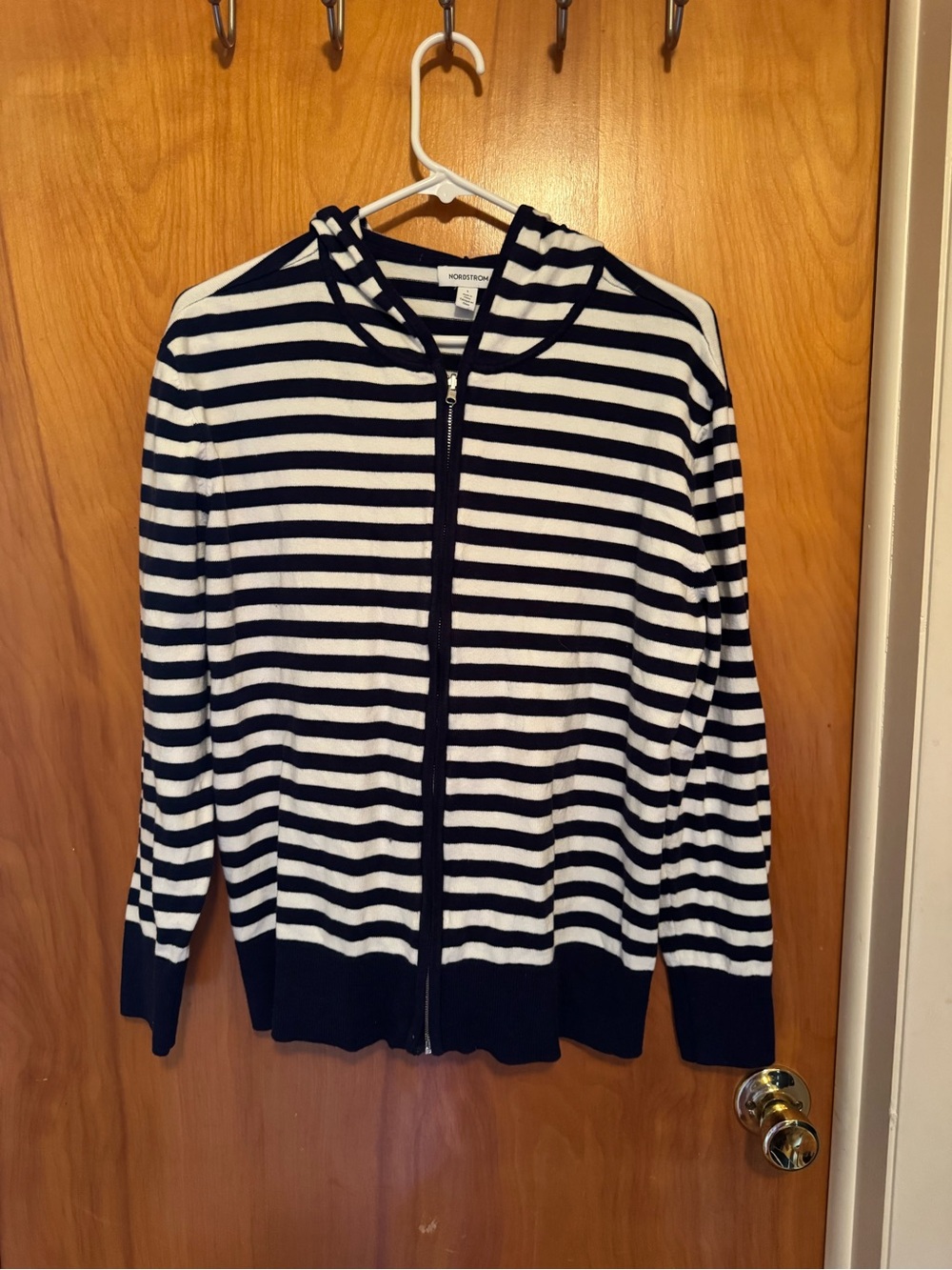 Nordstrom Navy White Stripe Hooded Cardigan Zip Up Sweater Women’s Large